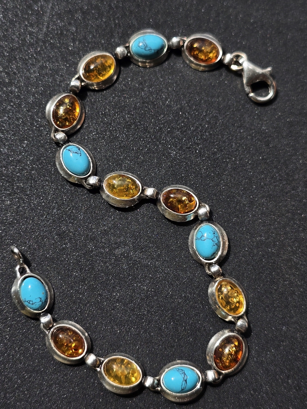 Gemstone Link Bracelet - Sterling Silver with Baltic Amber and Turquoise Accents